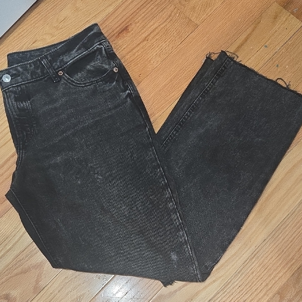Express Modern Straight Low Rise Black Jeans with Raw Hem, 12R